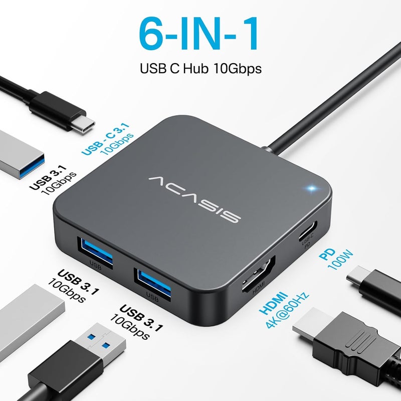 Acasis USB C Hub 10Gbps, Multiport Adapter with 4K 60Hz HDMI, 100W Power Delivery, 3 USB A3.1+1 USB-C 3.1 Data Port, USB to HDMI Adapter for MacBook, Dell, Lenovo, Surface, iPad PRO, XPS(Grey) - Image 2